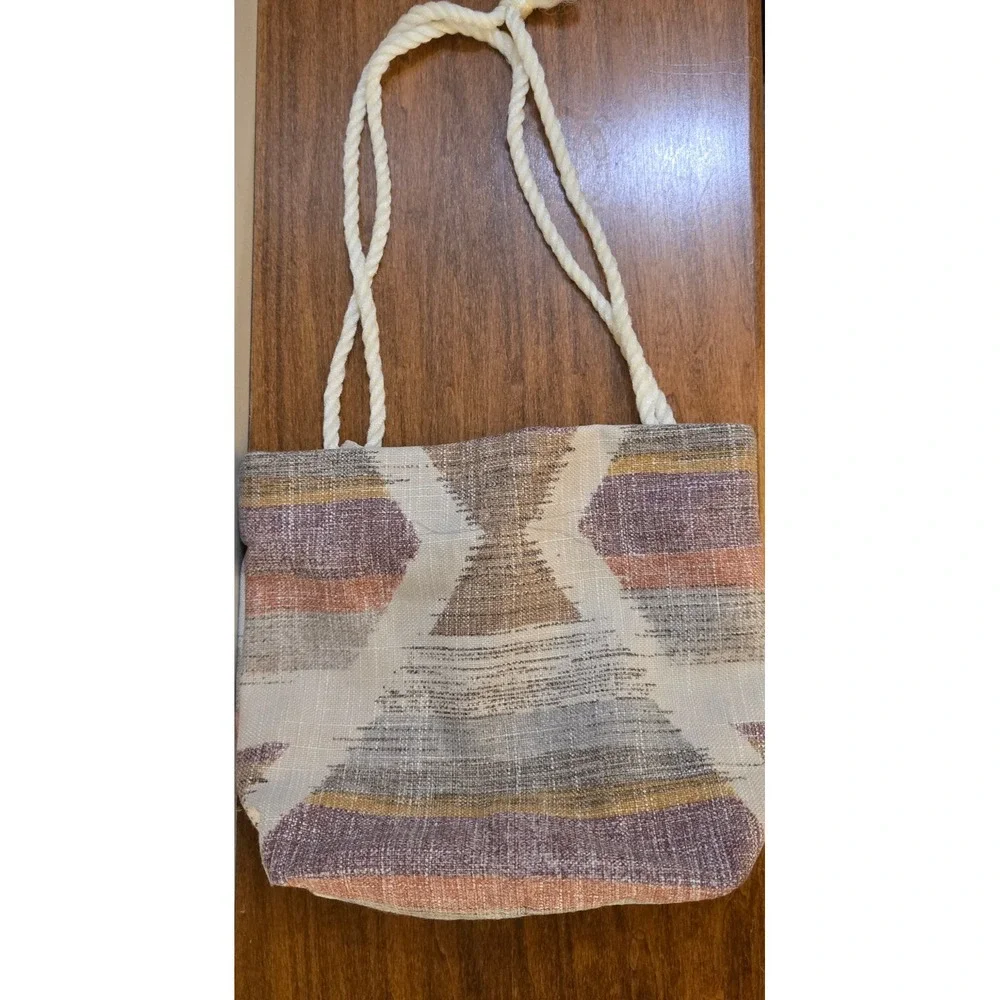 Woven Southwestern Geometric Tote Bag with White Rope Straps Earth Tones